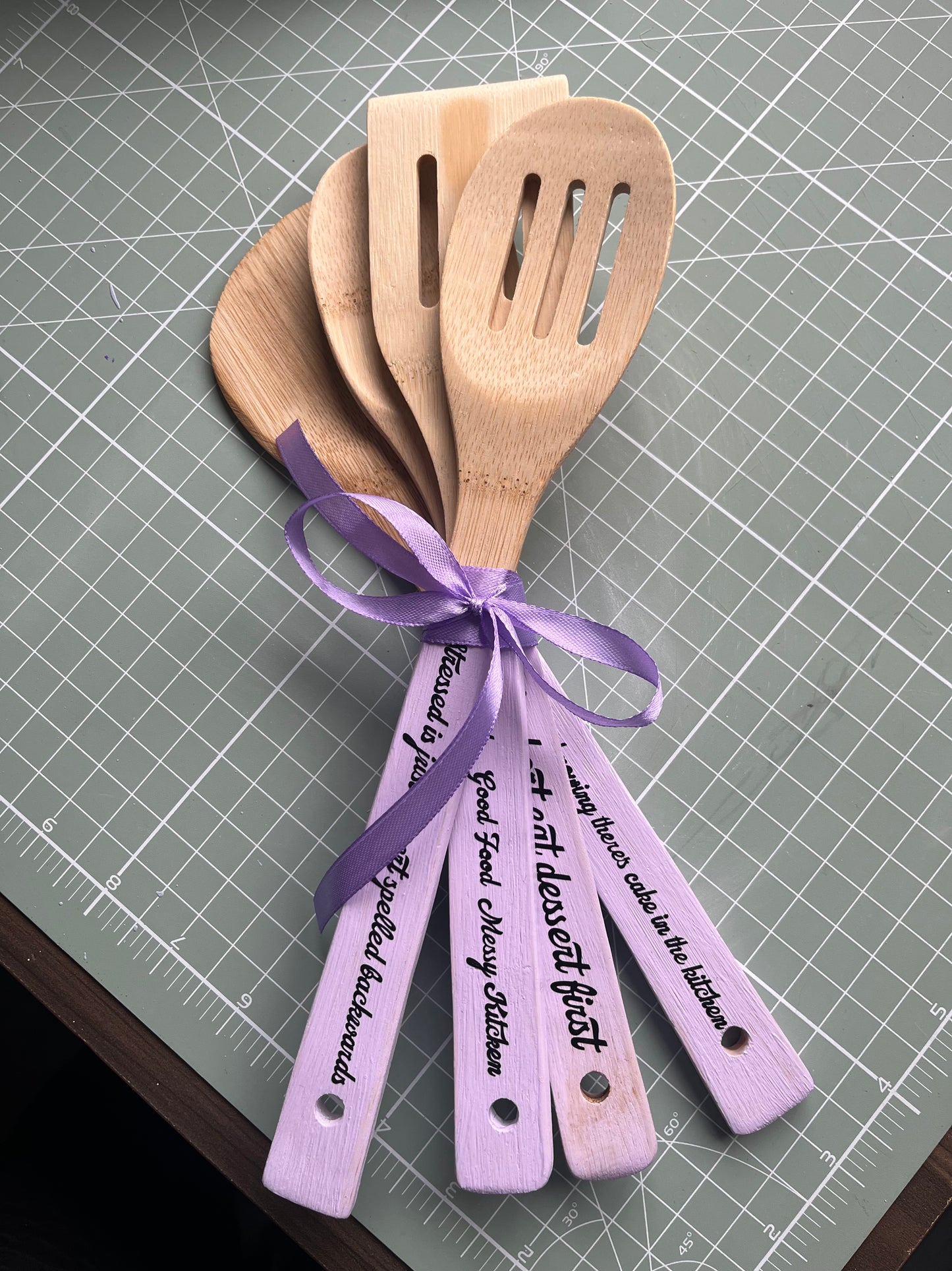 Kitchen colourful wooden spoons with funny quotes