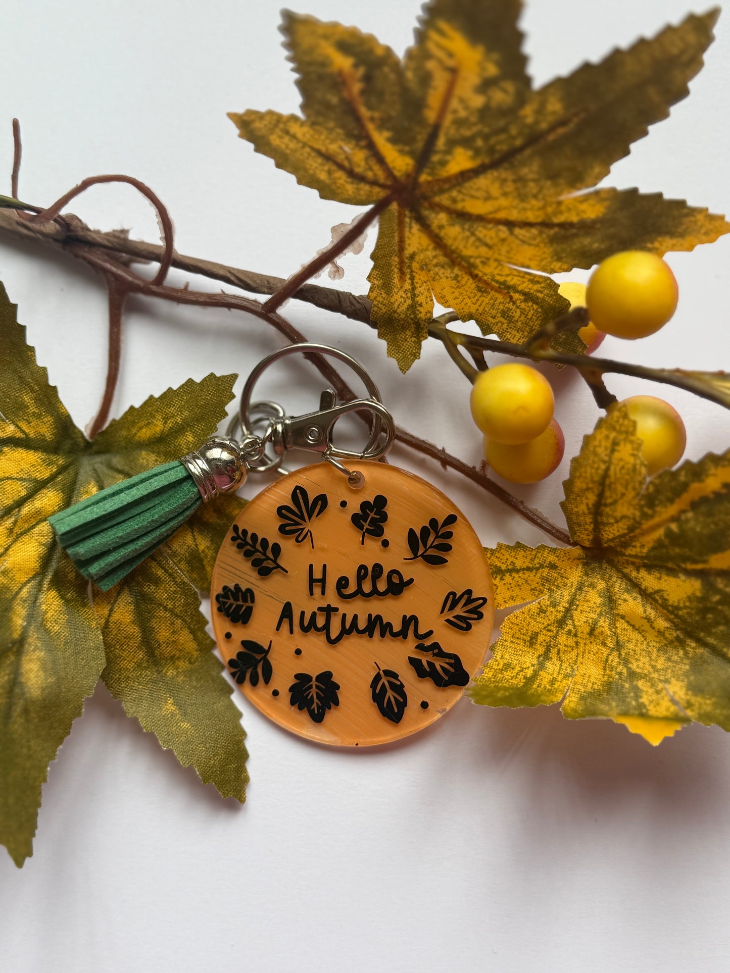 Autumn themed Key ring saying  "Hello Autumn"