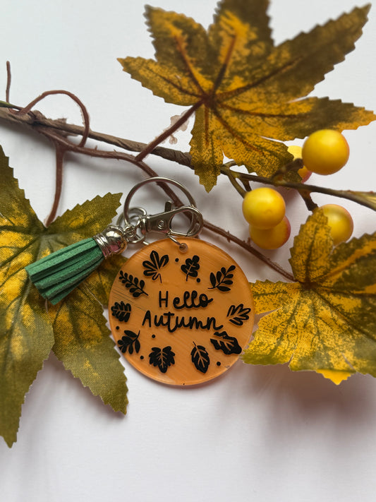 Autumn themed Key ring saying  "Hello Autumn"
