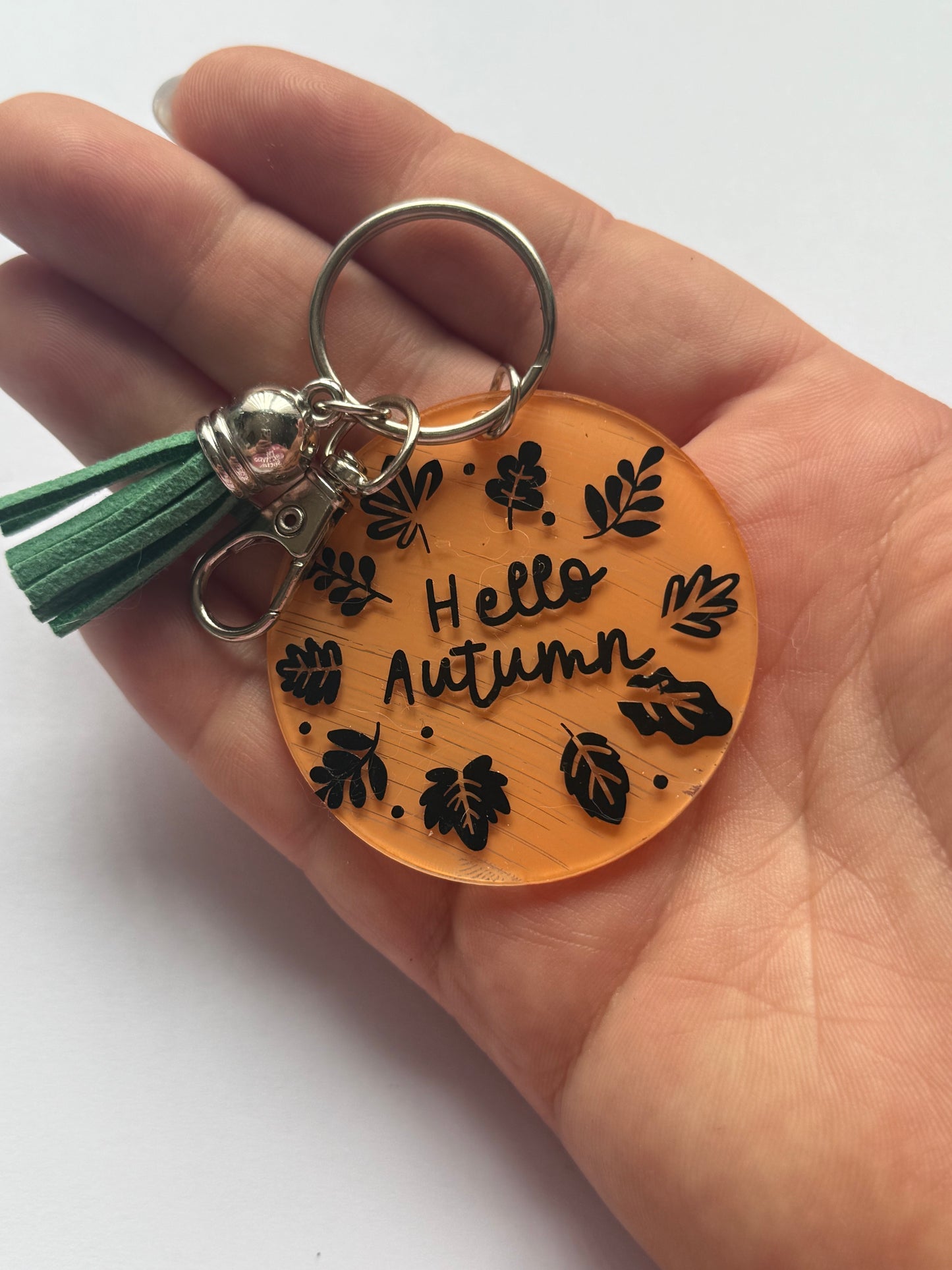 Autumn themed Key ring saying  "Hello Autumn"