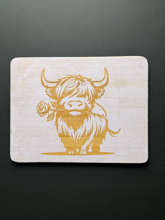 Chopping Board with highland Cow and Rose design made from Bamboo.