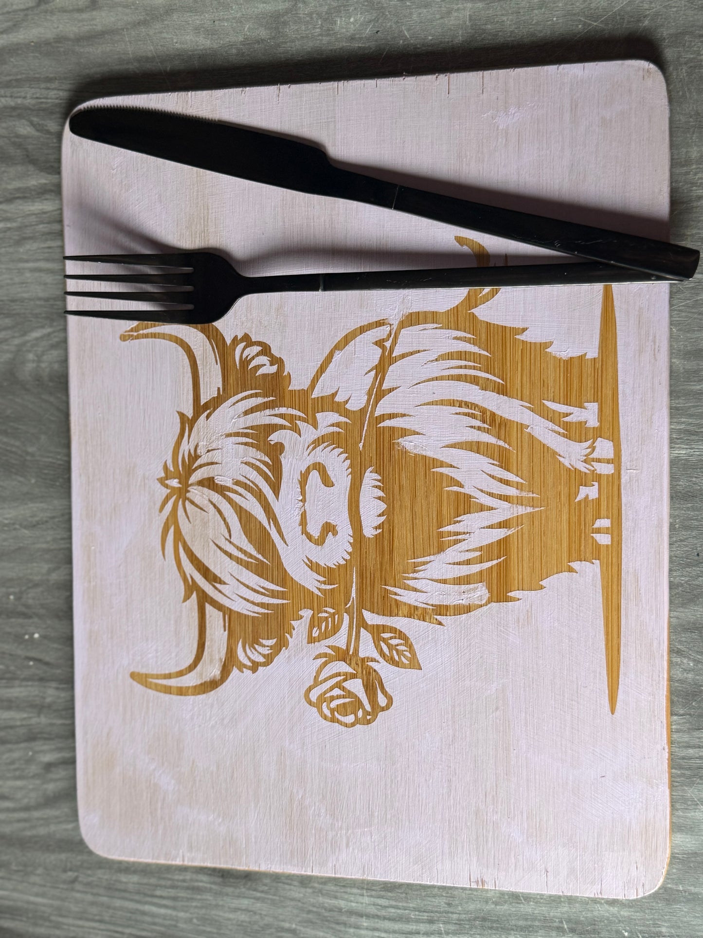Chopping Board with highland Cow and Rose design made from Bamboo.