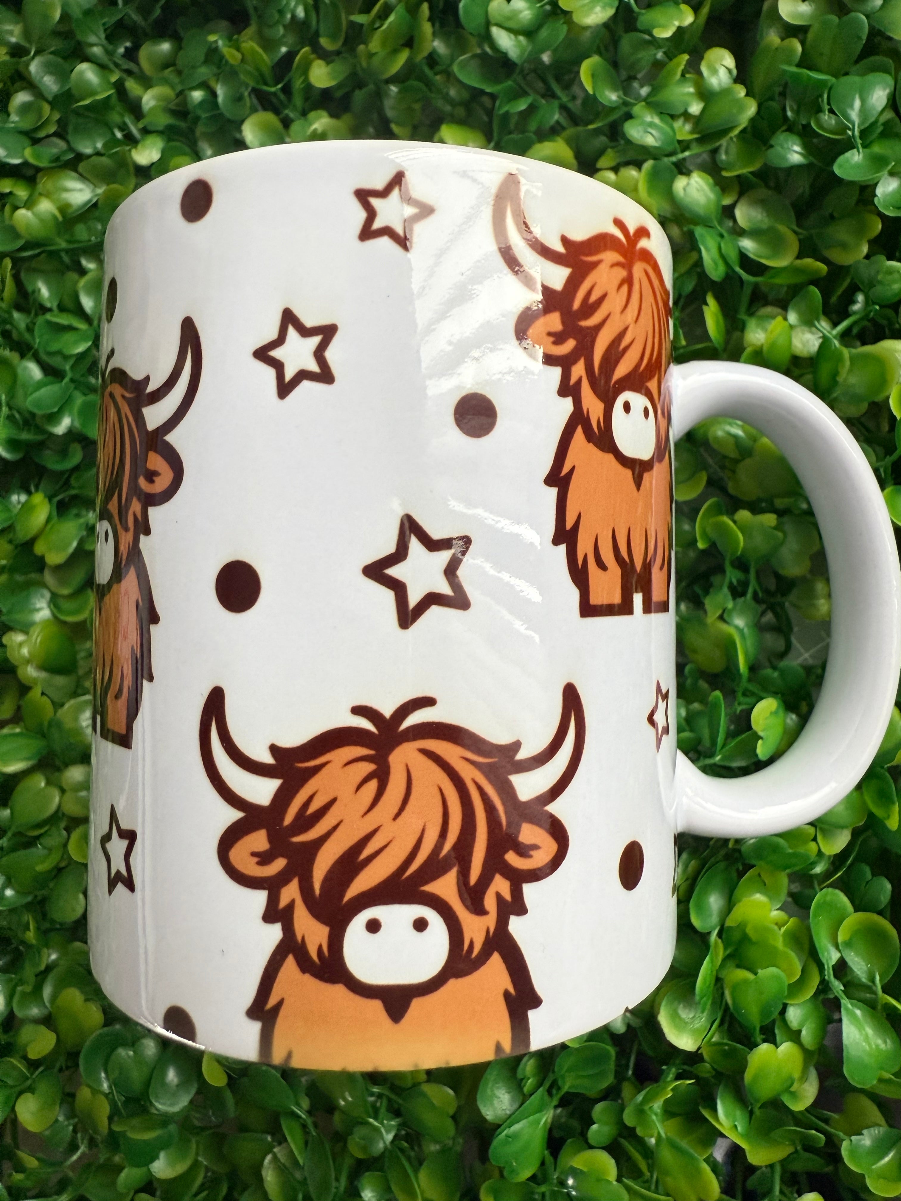 Highland cow print design on mug