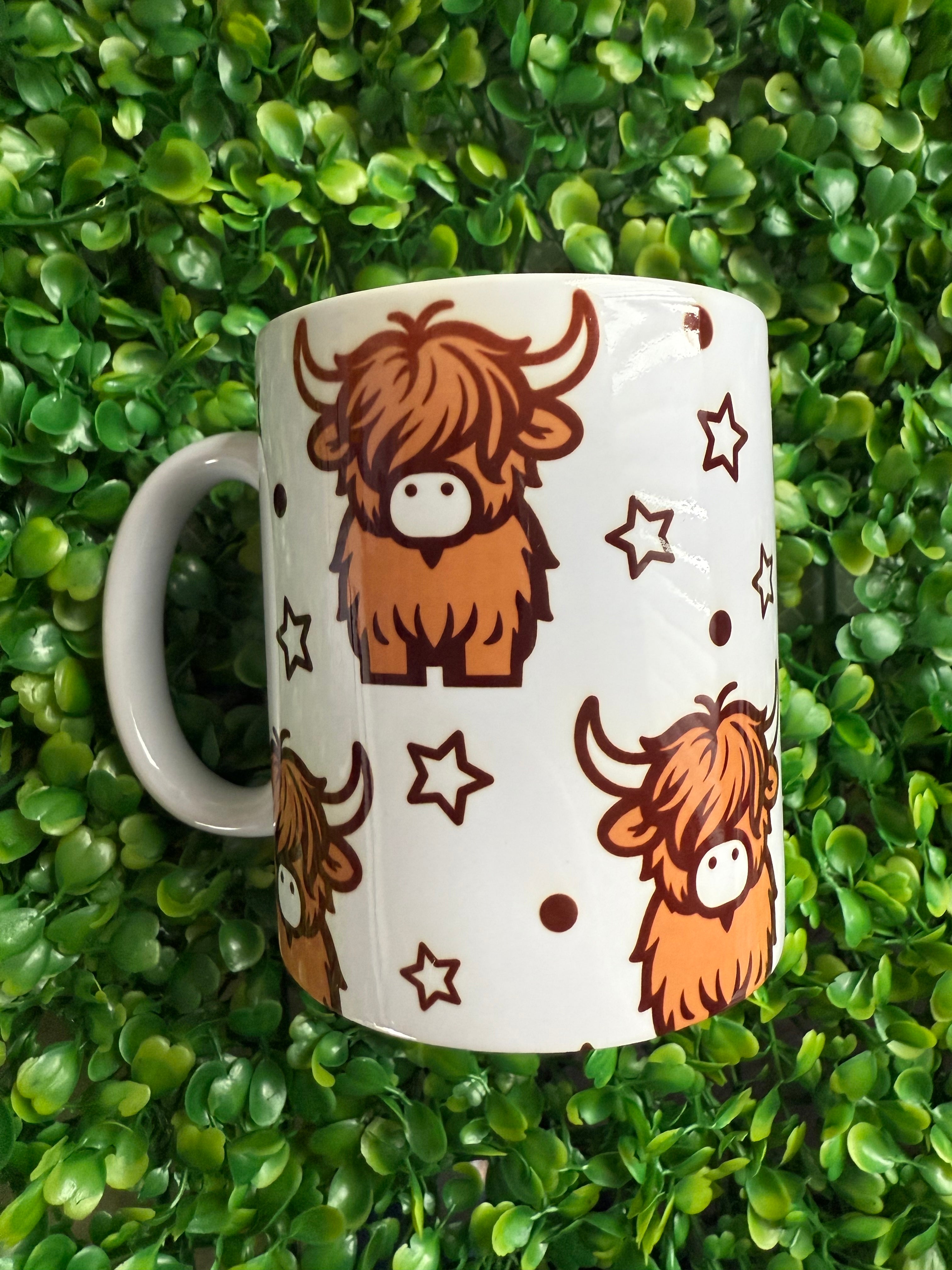 Highland cow print design on mug
