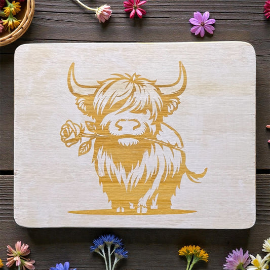 Chopping Board with highland Cow and Rose design made from Bamboo.