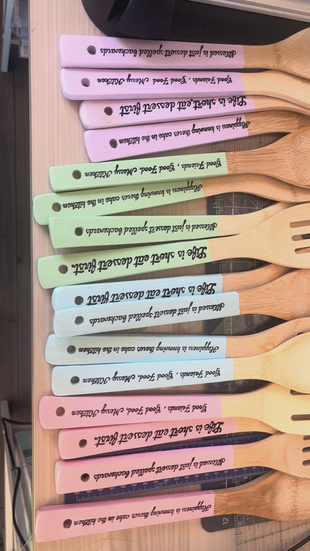 Kitchen colourful wooden spoons with funny quotes